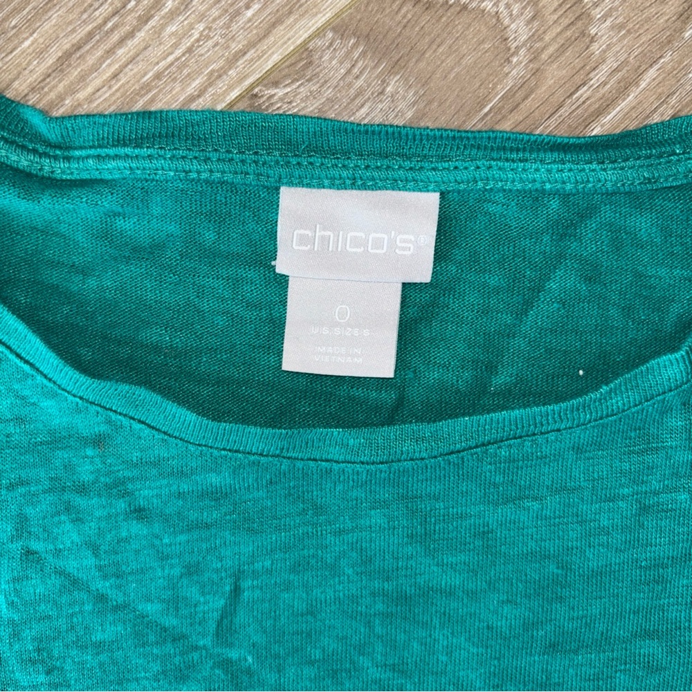Chico's Vibrant Teal Short Sleeve Top Linen ruffle - Picture 2 of 5